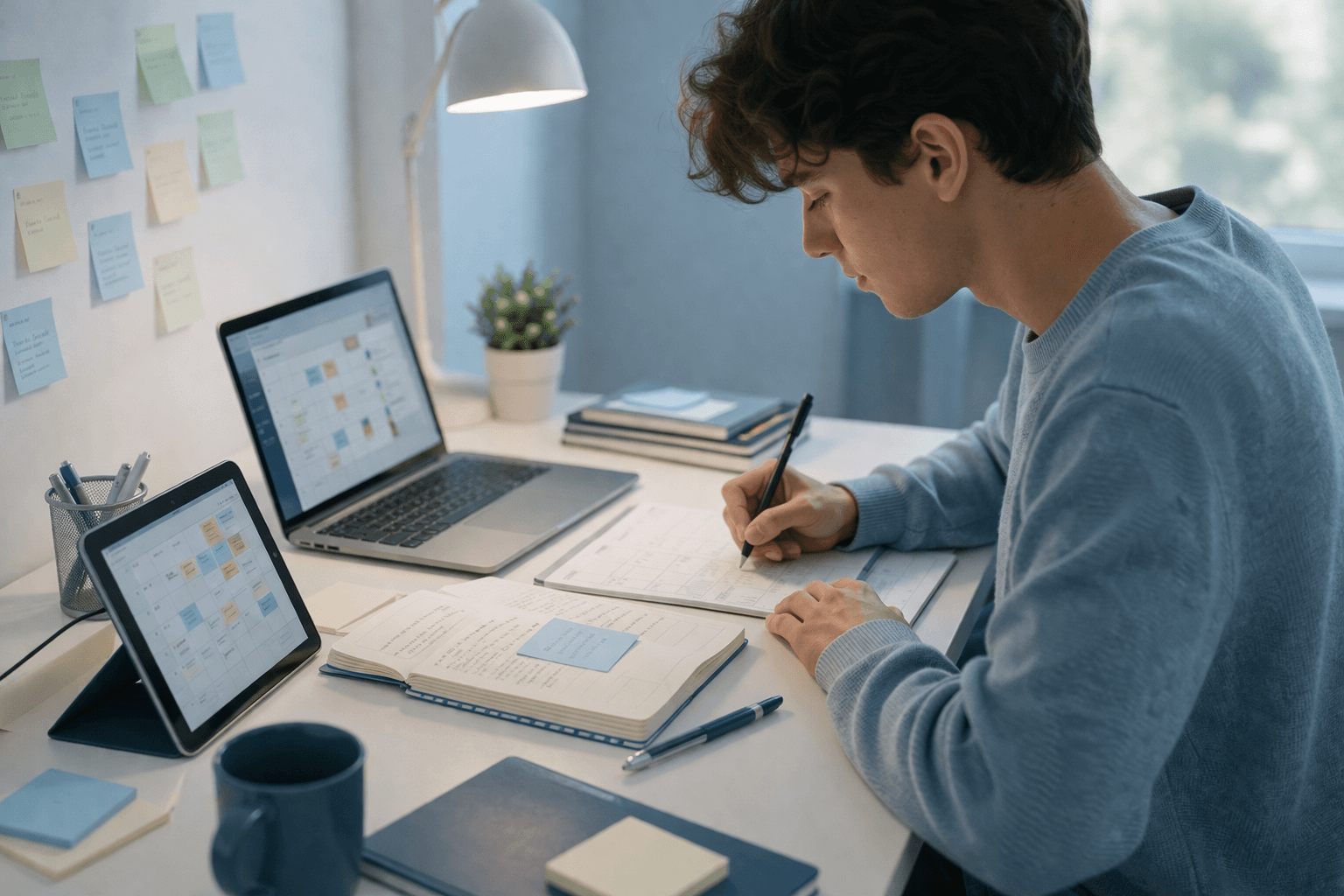 Estudiante planificando el semestre académico con calendario, tareas y apuntes en un escritorio moderno