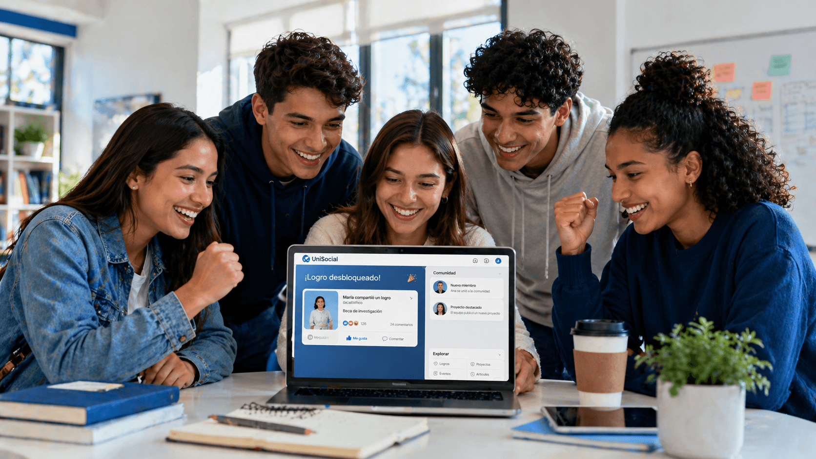 Personas compartiendo logros en una red social positiva