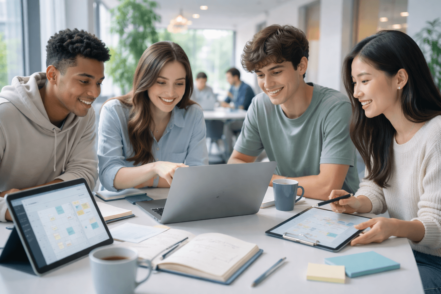 Entorno universitario moderno con estudiantes colaborando y tecnología integrada en la vida académica