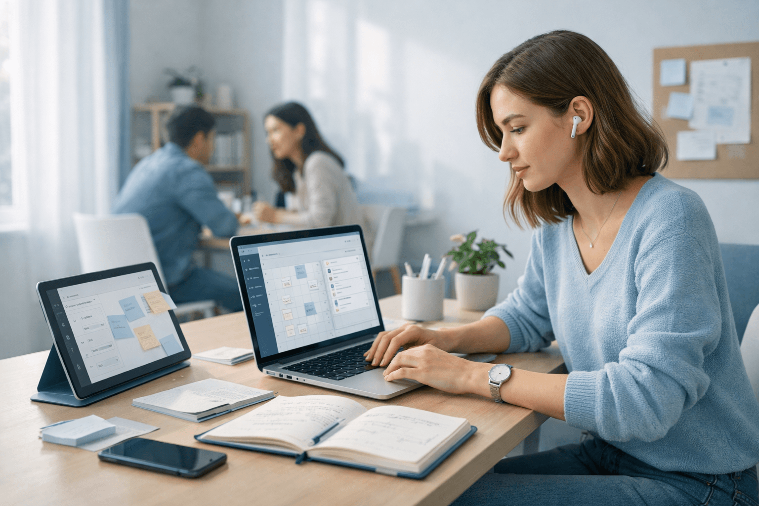 Estudiante organizando su vida académica en un entorno moderno con tecnología y planificación universitaria