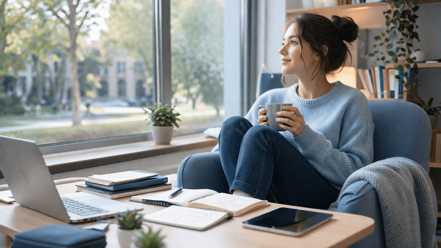 Estudiante descansando y cuidando su bienestar mental en un entorno universitario tranquilo y moderno